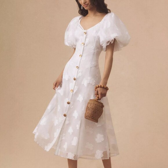 Anthropologie Let Me Be Puff-Sleeve Sheer Midi Dress